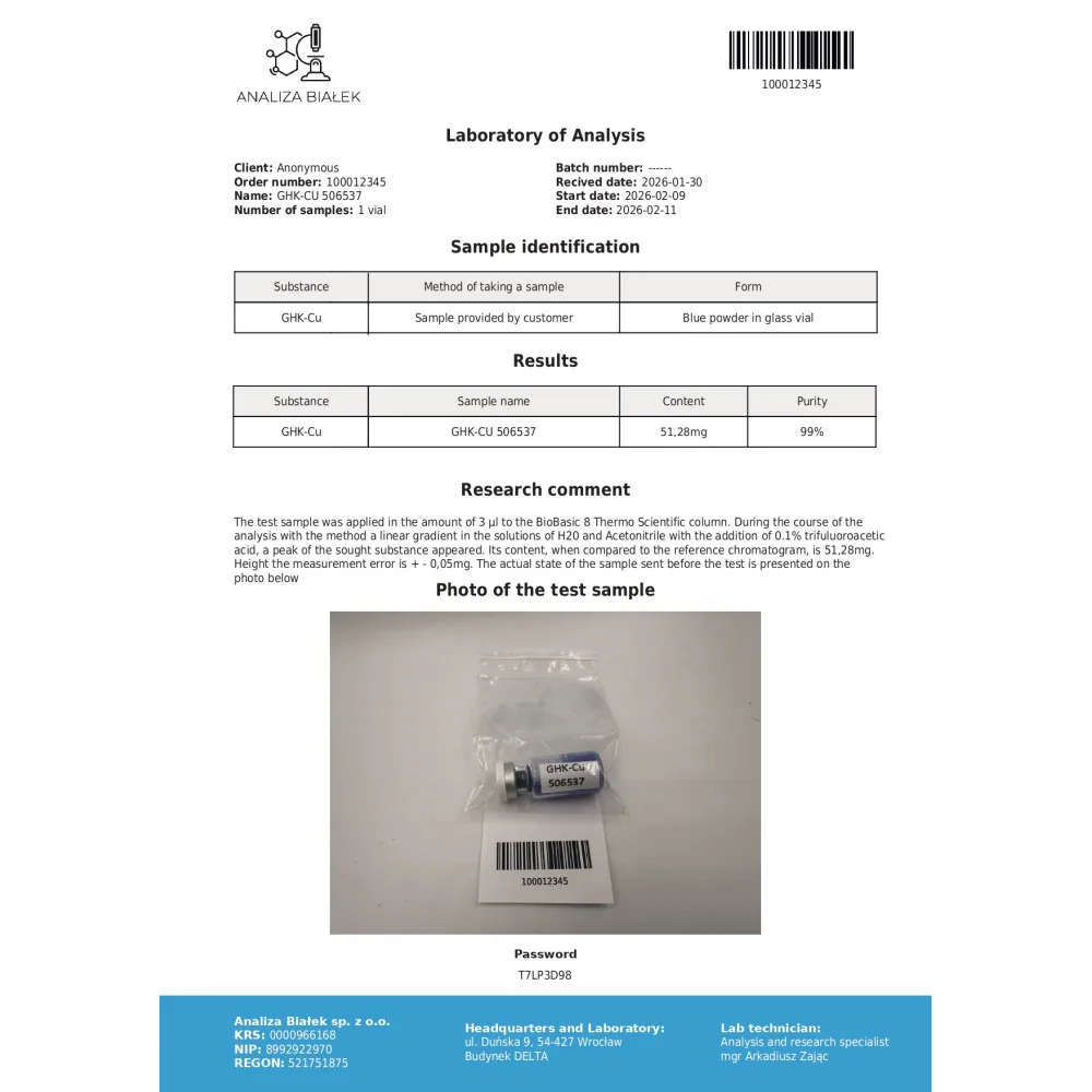 Lab test report 1 for GHK-Cu 50mg (Copper Peptide)