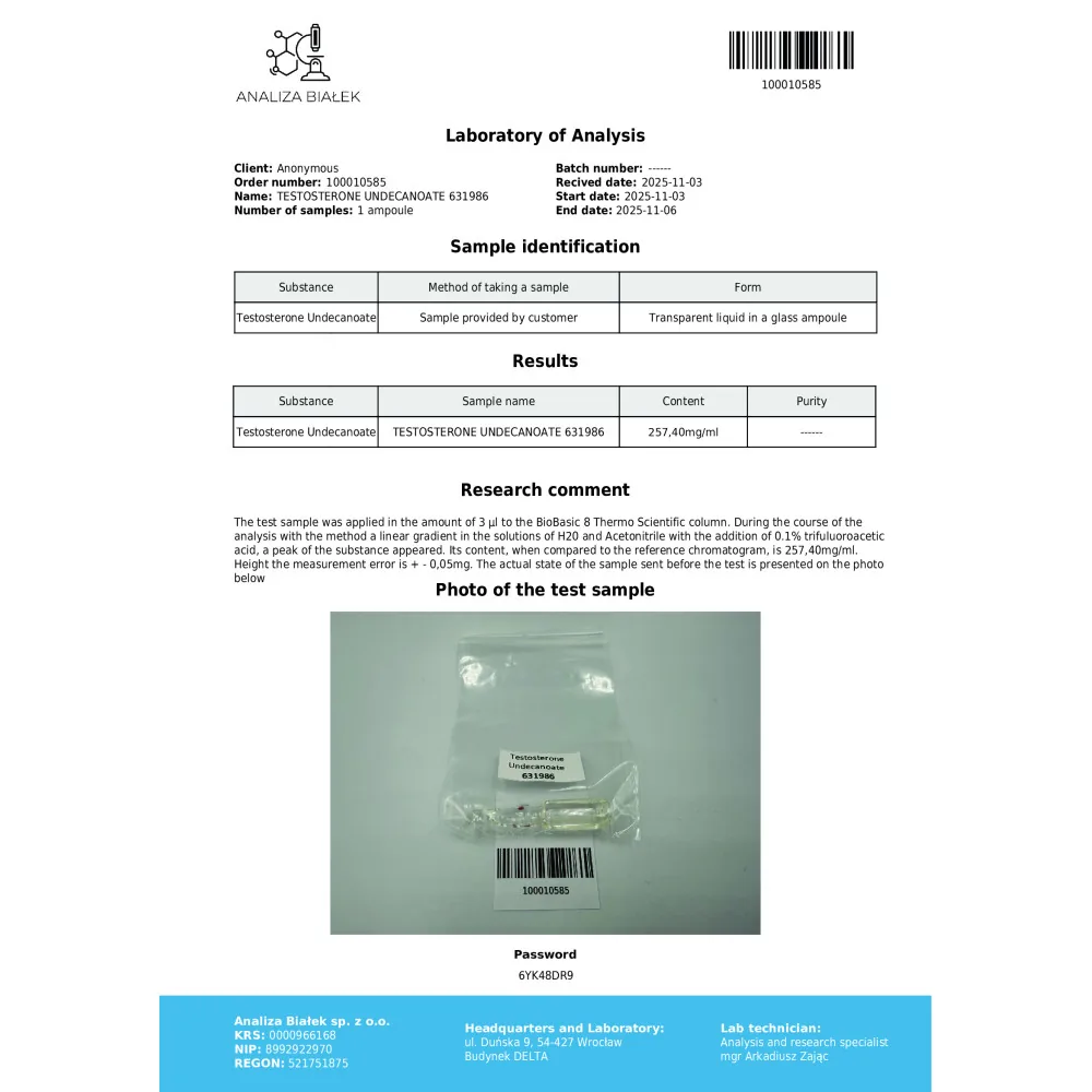 Lab test report 1 for Andriolos 250 mg/ml (Testosterone Undecanoate) 10ml vial