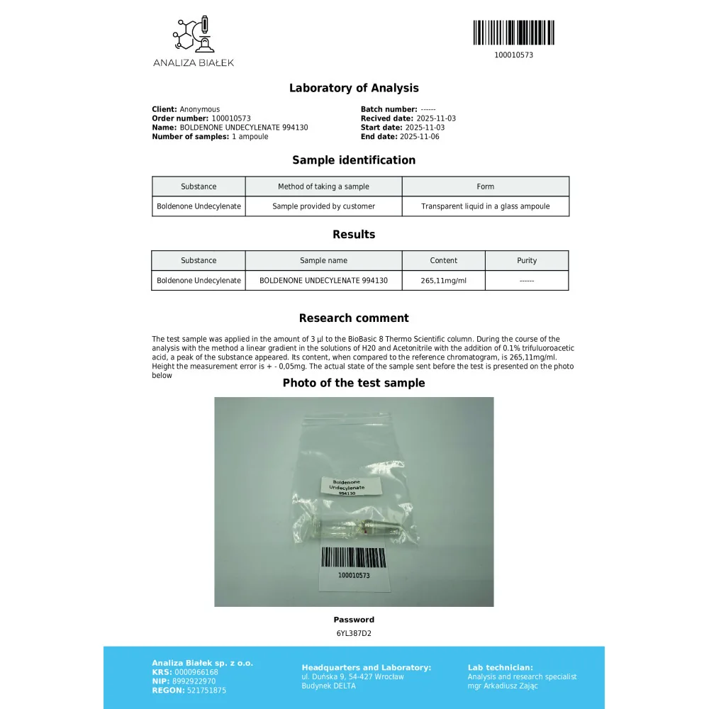 Lab test report 1 for Boldelad 250 mg/ml (Boldenone Undecylenate) 10ml vial