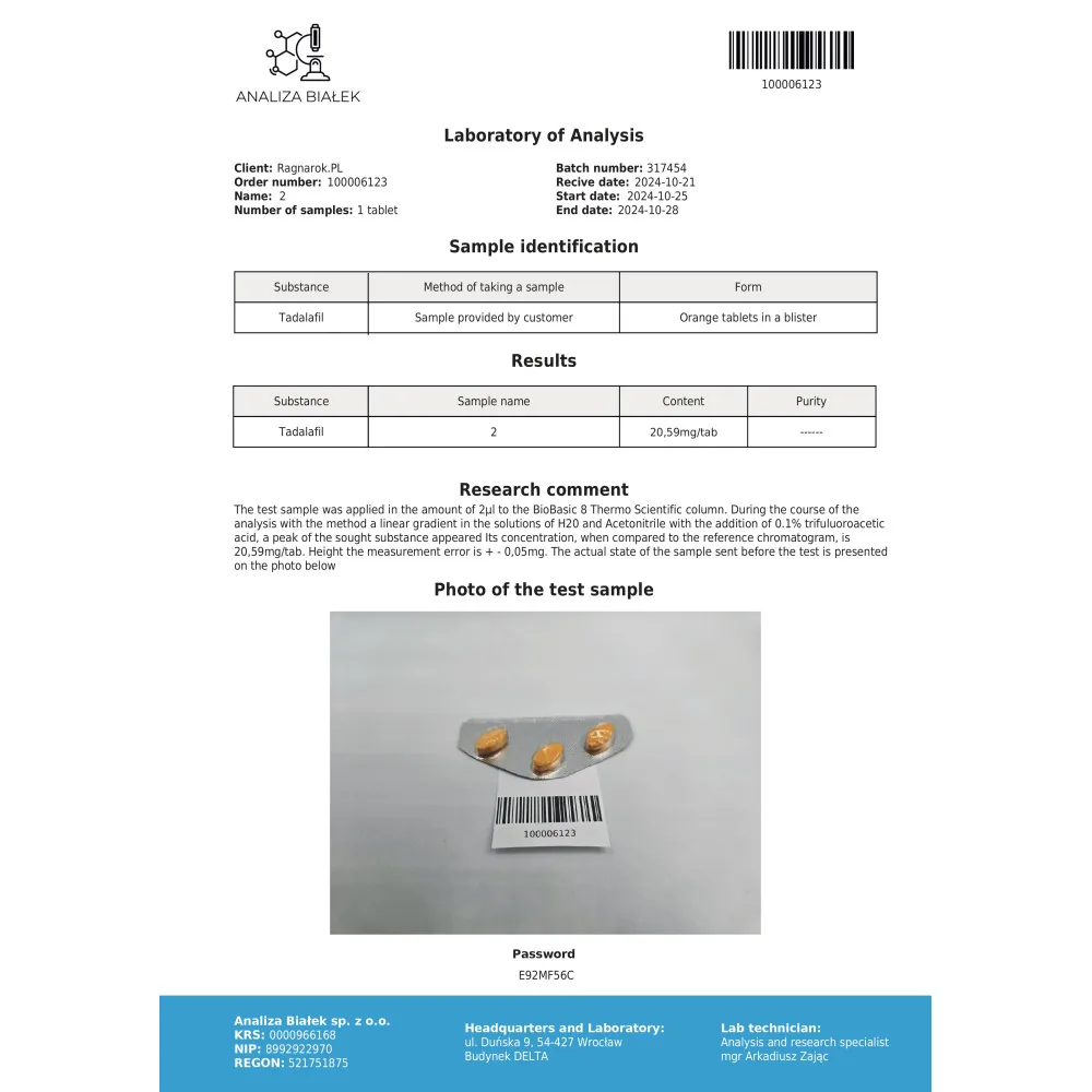 Lab test report 1 for Cialyn 20mg (Tadalafil)