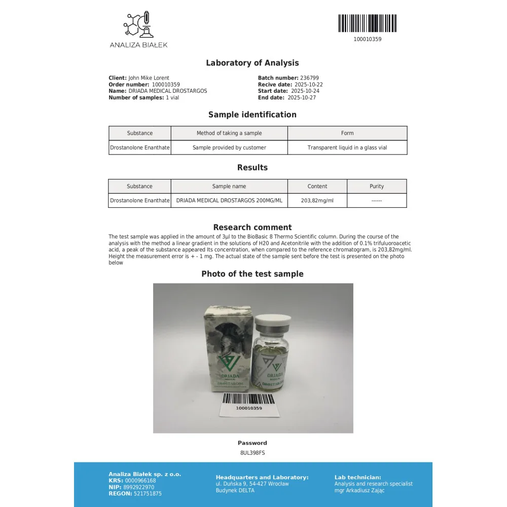 Lab test report 1 for Drostargos 200 mg/ml (Drostanolone Enanthate)