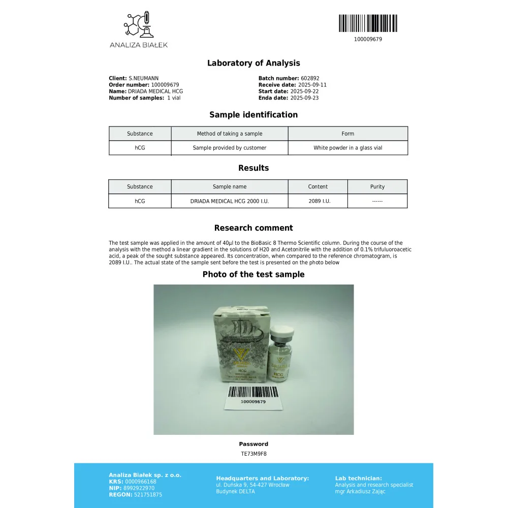 Lab test report 1 for HCG 2000iu (Human chorionic gonadotropin)