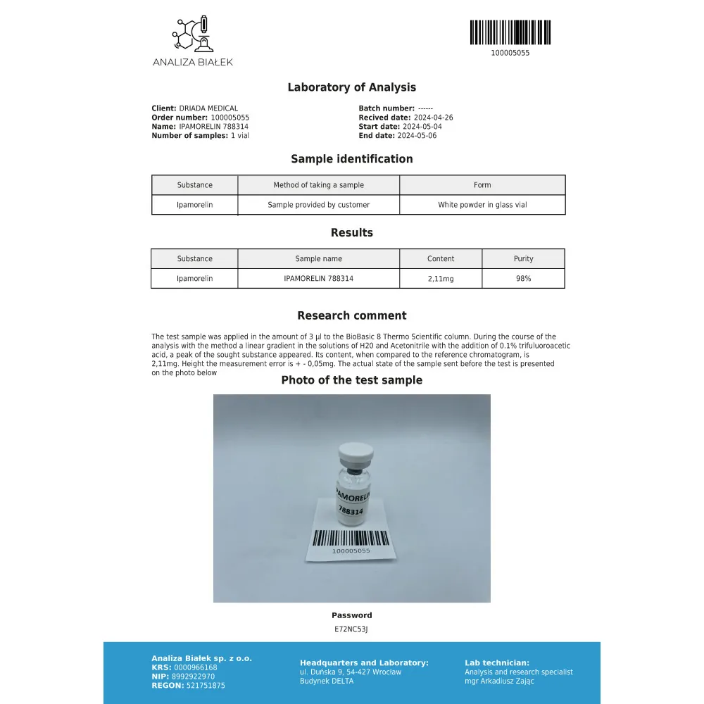 Lab test report 1 for Ipamorelin 2mg