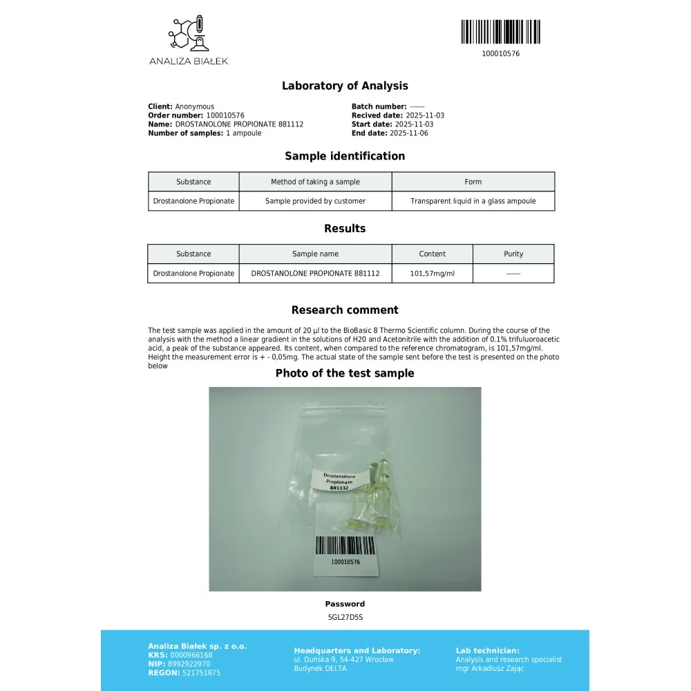 Lab test report 1 for Mastelad 100 mg/ml (Drostanolone Propionate) 10ml vial