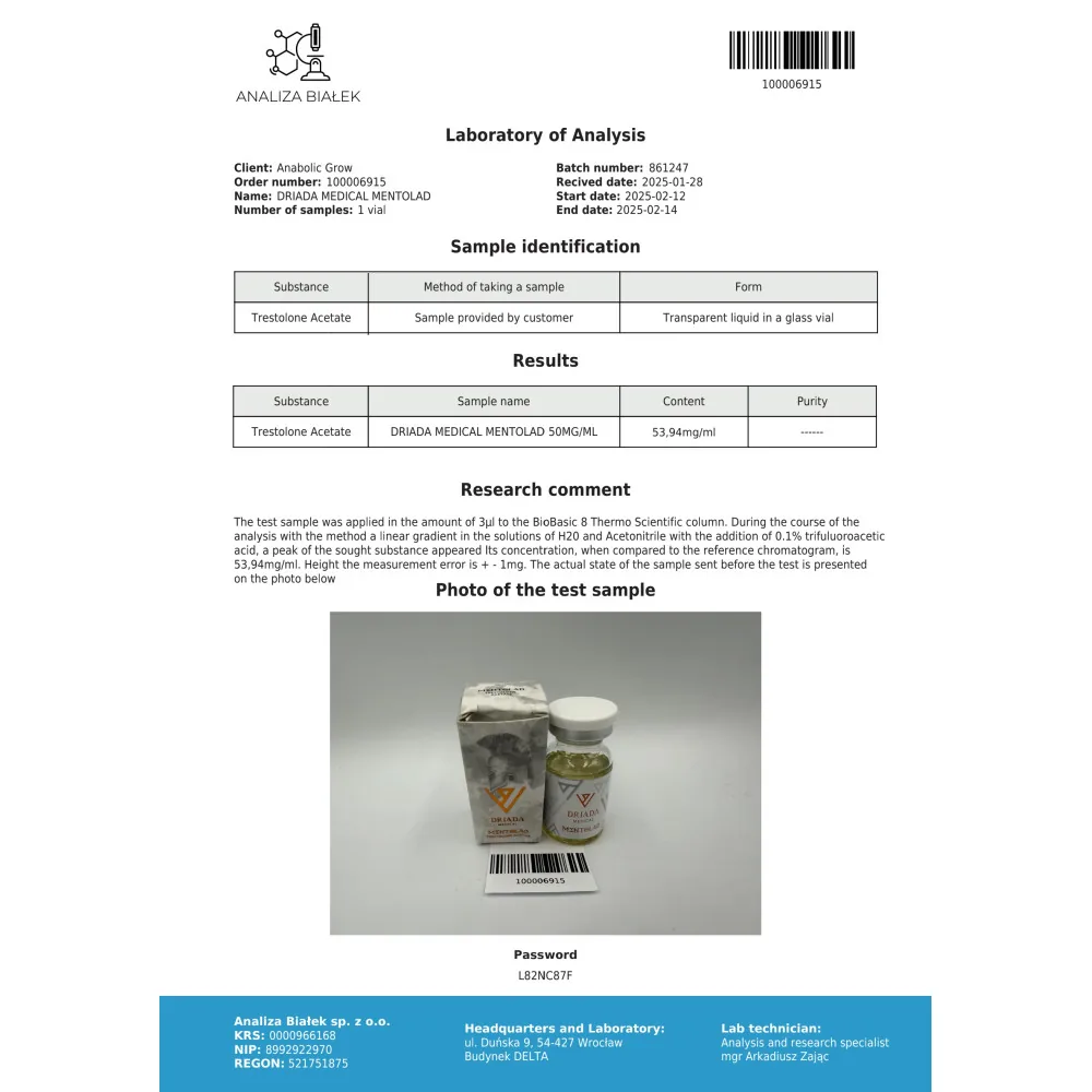 Lab test report 1 for Mentolad 50 mg/ml (Trestolone acetate)
