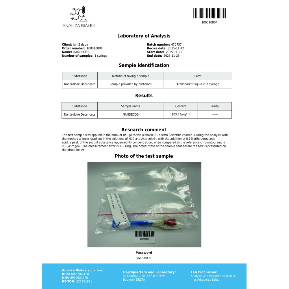 Lab test report 1 for Nandecos 200 mg/ml (Nandrolone Decanoate) 10ml vial
