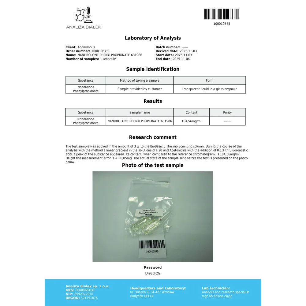 Lab test report 1 for Nanphenylos 100 mg/ml (Nandrolone Phenylpropionate)