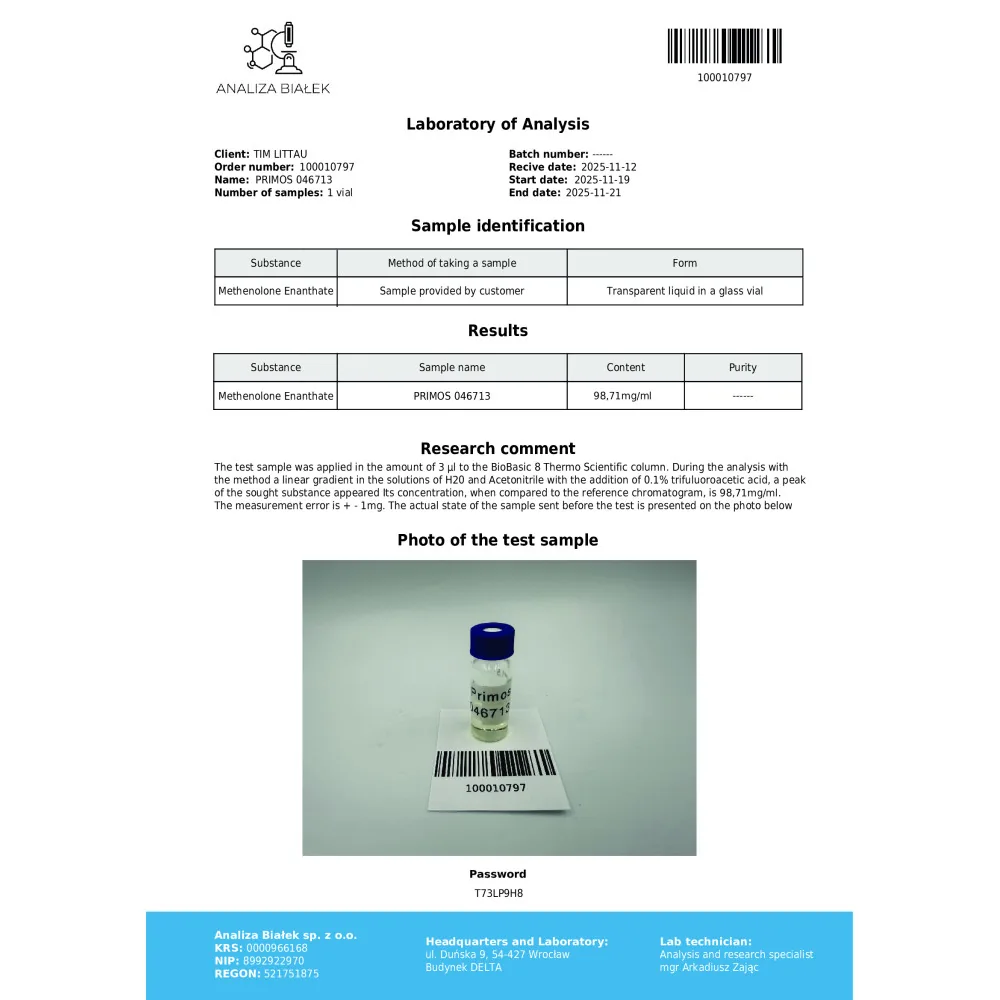 Lab test report 1 for Primos 100 mg/ml (Methenolone Enanthate)