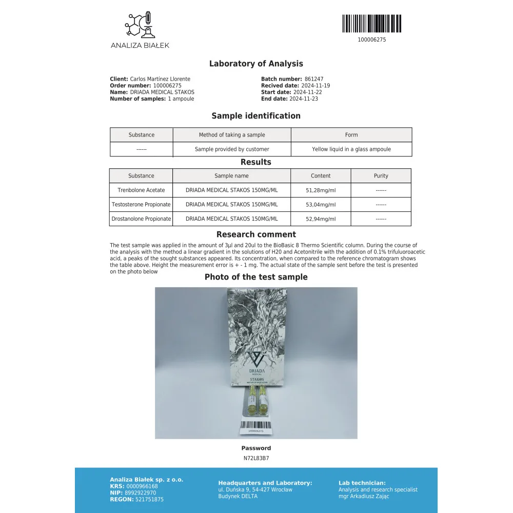 Lab test report 1 for Stakos 150 mg/ml (Cut Stack) 10ml vial