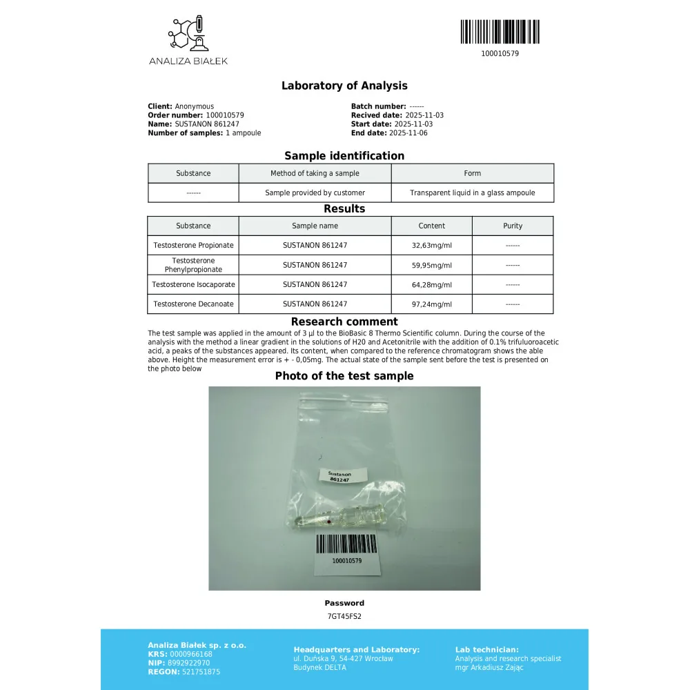 Lab test report 1 for Sustalad 250 mg/ml (Sustanon)