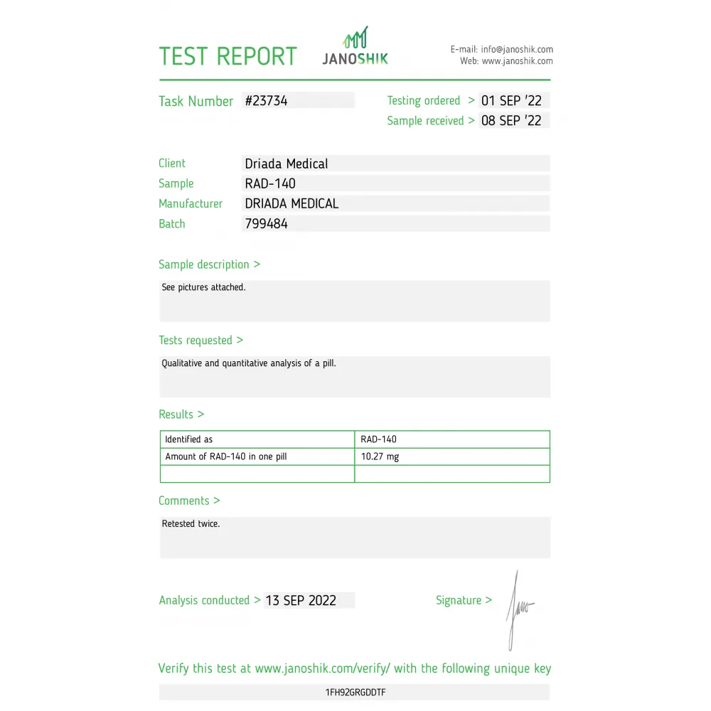 Lab test report 1 for RAD-140 (Testolone)