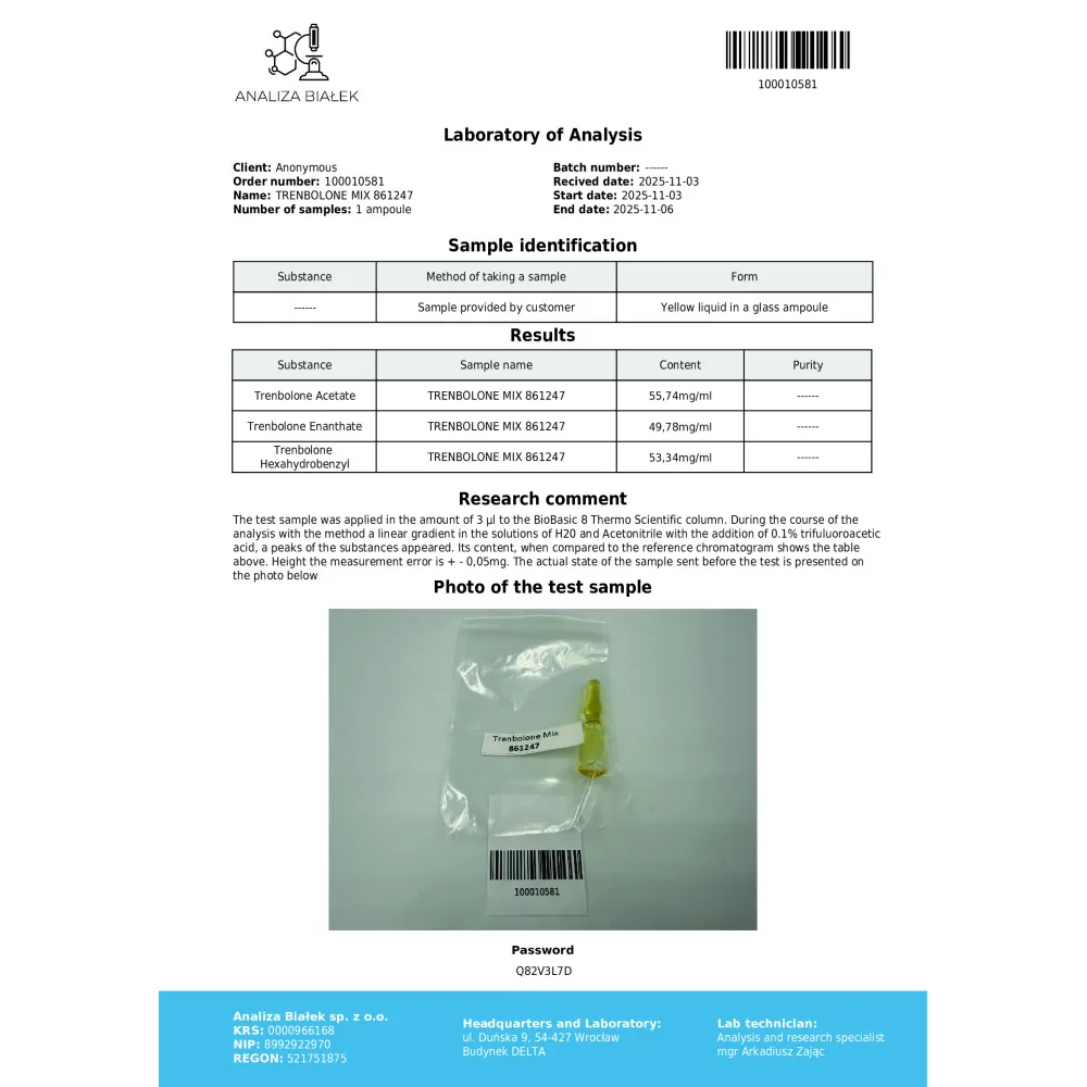 Lab test report 1 for Tremilad 150 mg/ml (Trenbolone Mix) 10ml vial