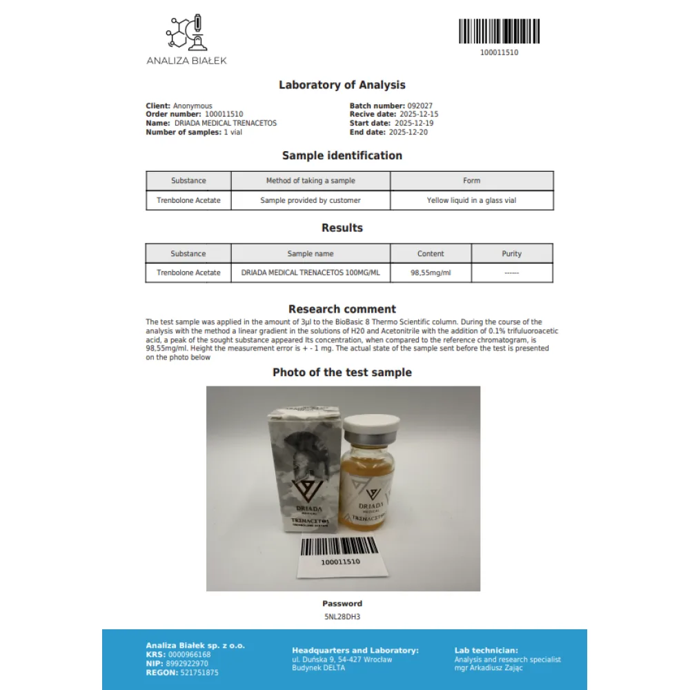 Lab test report 1 for Trenacetos 100 mg/ml (Trenbolone Acetate) 10ml vial