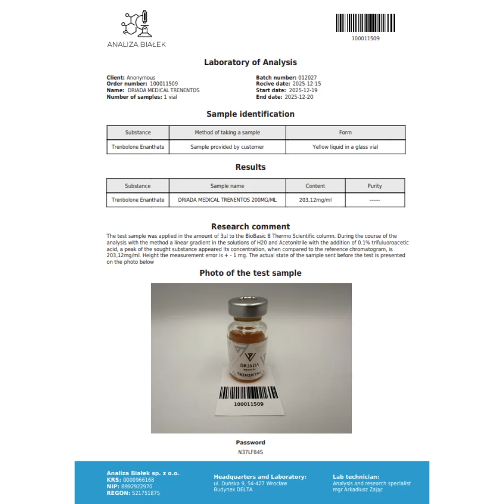 Lab test report 1 for Trenentos 200 mg/ml (Trenbolone Enanthate) 10ml vial