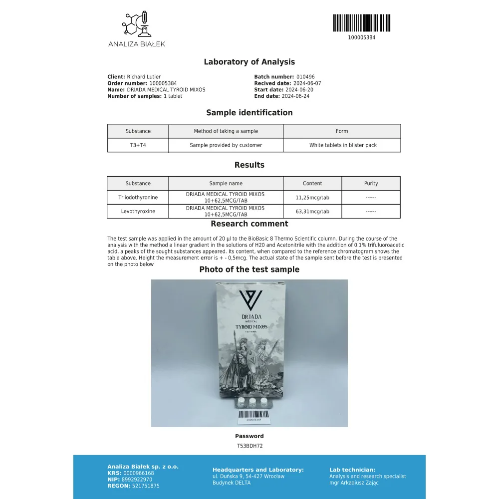 Lab test report 1 for Tyroid Mixos 10 mg + 62.5 mg (T3+T4)