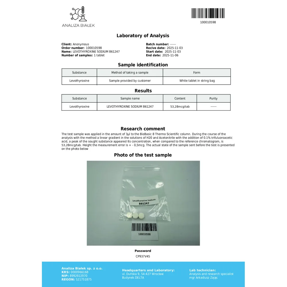 Lab test report 1 for T4 Euthymed 50 mcg (Levothyroxine Sodium)