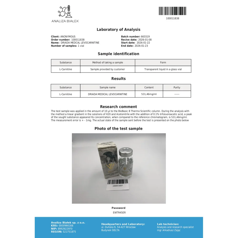 Lab test report 1 for Levocarnitine 500 mg/ml (L-carnitine) 10ml vial