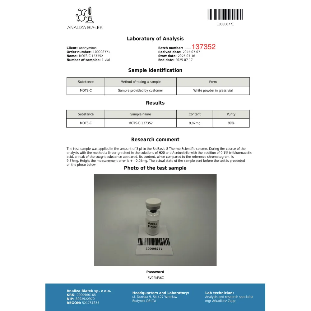 Lab test report 1 for MOTS-c 10mg