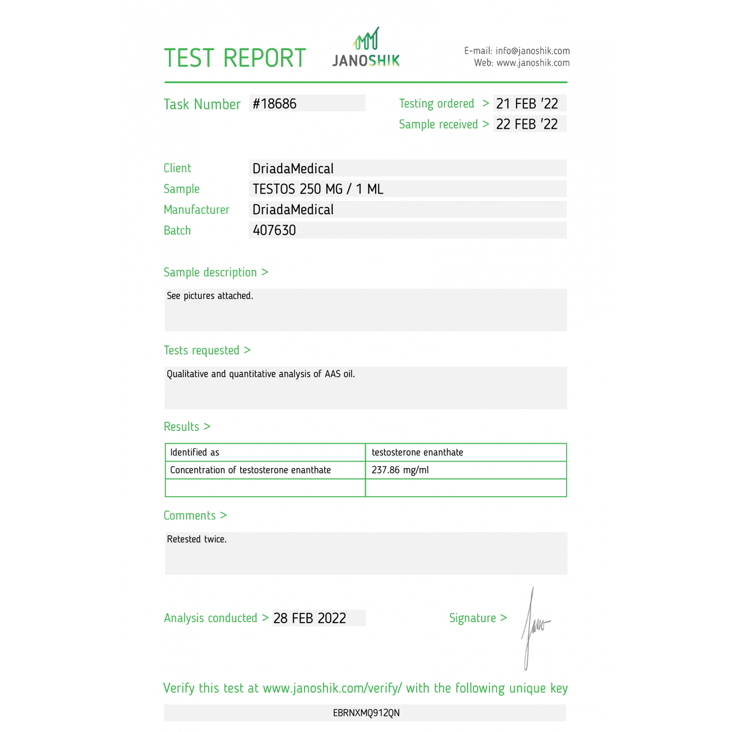 Testos 250 mg/ml (Testosterone Enanthate) 10ml vial